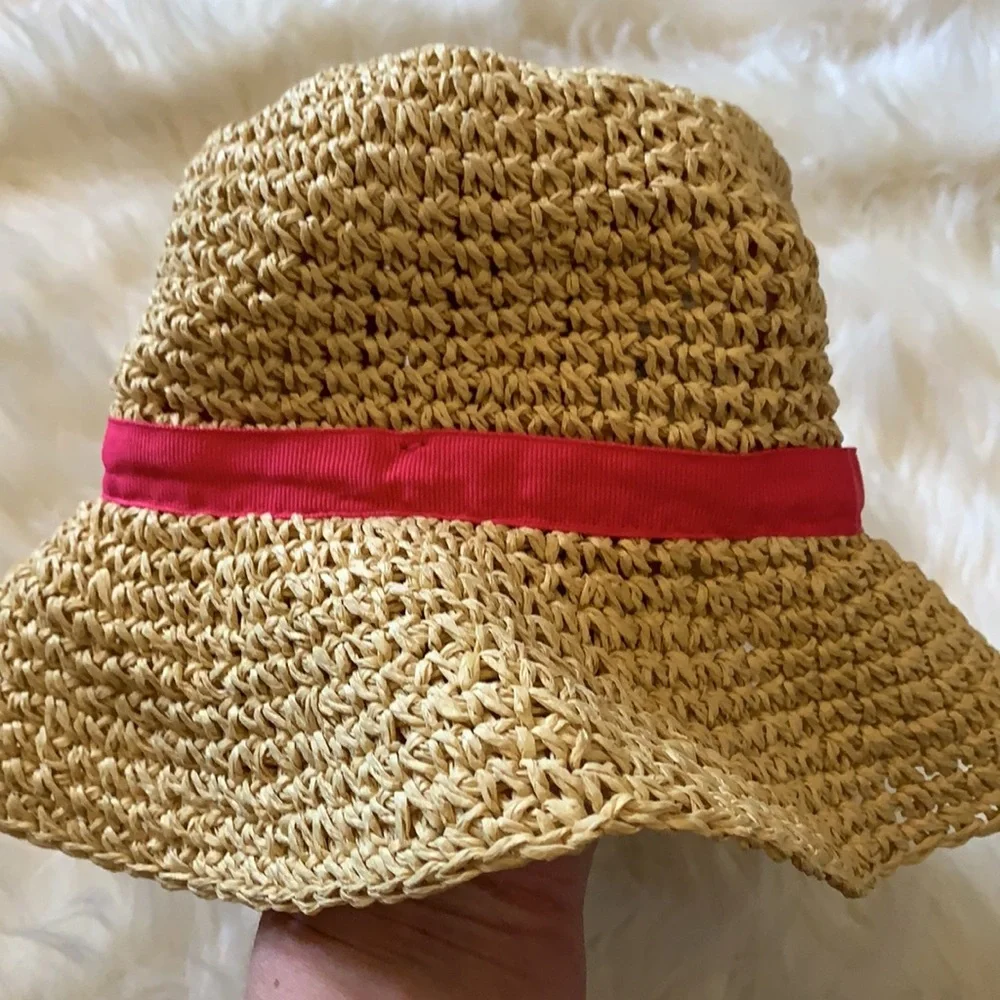 Gymboree Girls Straw Sun Hat Pink Flower Ribbon Beach Hat Size 5-7